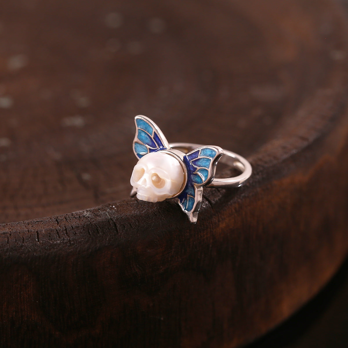 Art Deco Hand-Carved Butterfly Cranium Pearl Ring