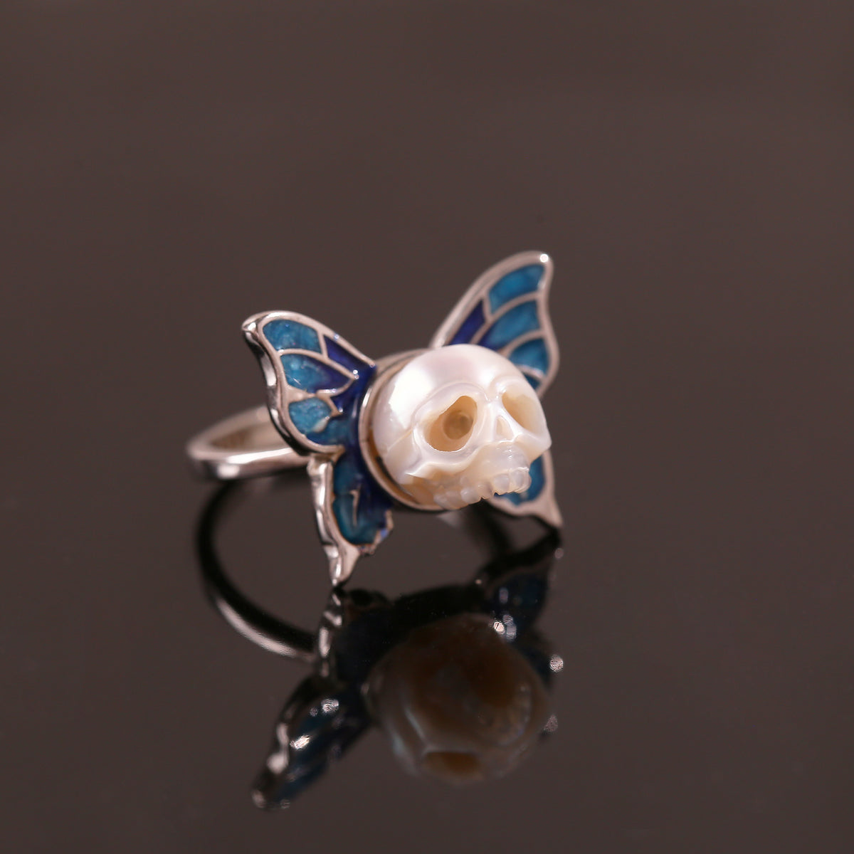 Art Deco Hand-Carved Butterfly Cranium Pearl Ring