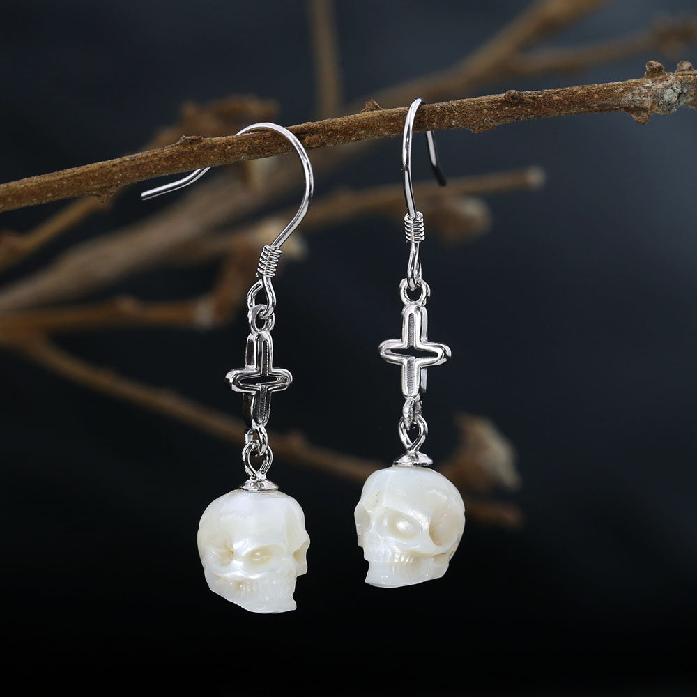 Art Deco Pearl Skull Cross Dangle Earrings