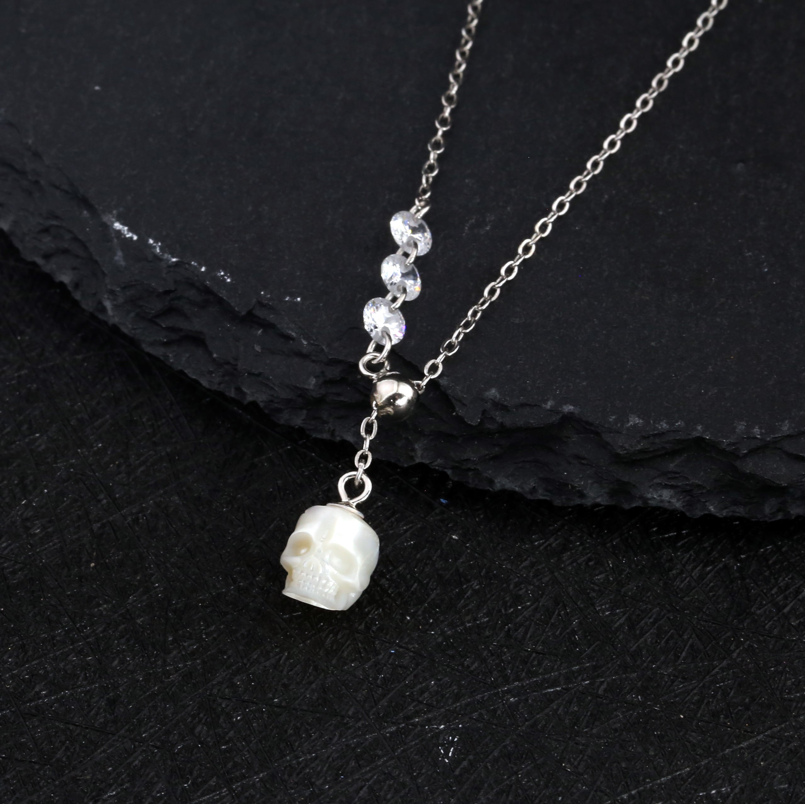 Asymmetrical Pearl Skull Cubic Zirconia CZ Pendant Necklace