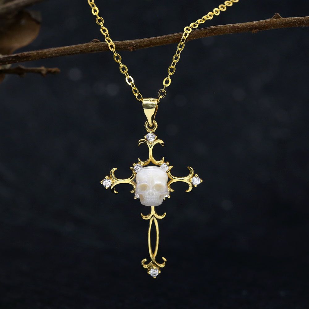 Baroque Carved Cross Pearl Skull Gemstone Pendant Necklace