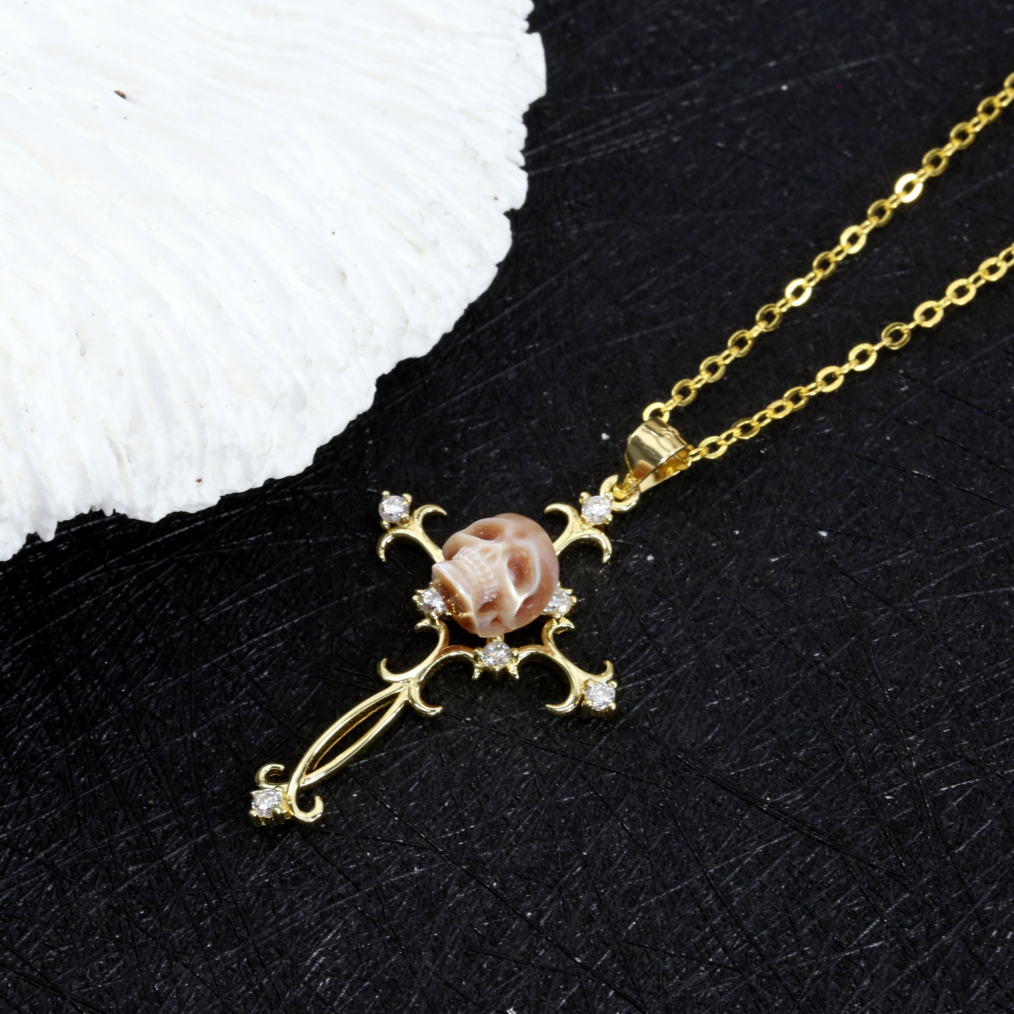 Baroque Carved Cross Pearl Skull Gemstone Pendant Necklace