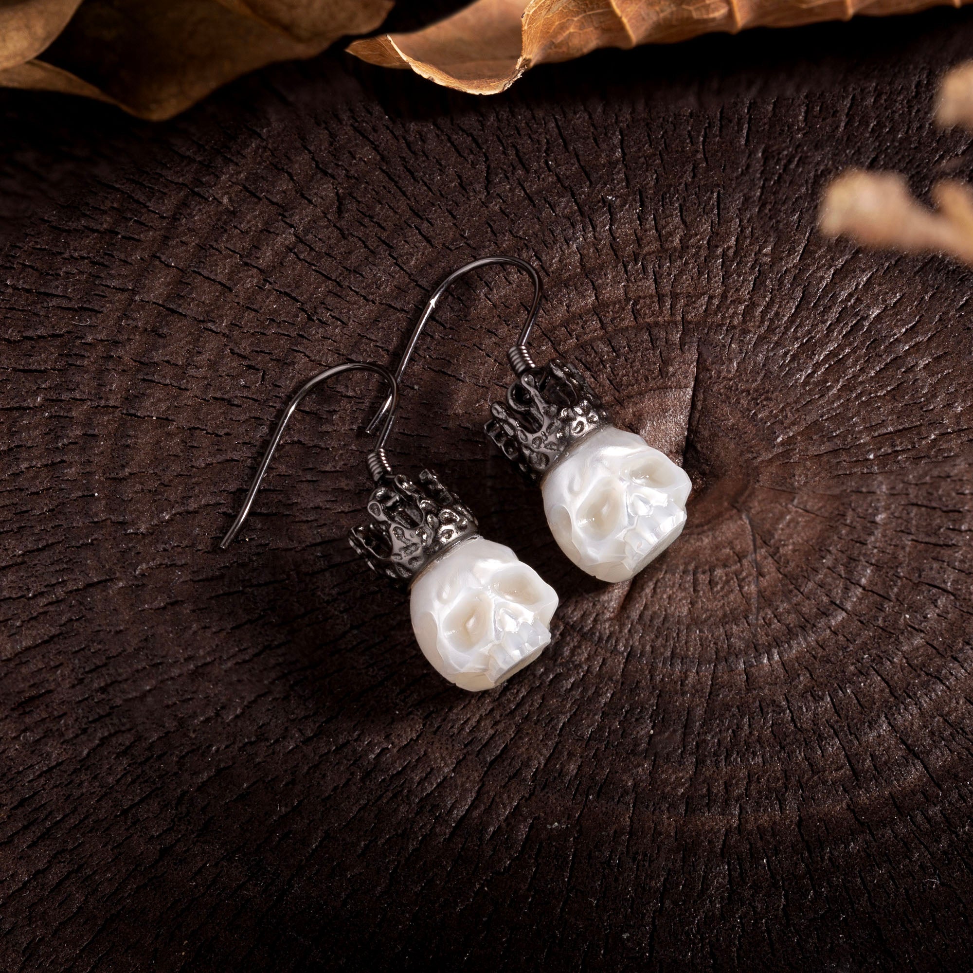 Baroque Silver Black Gold Plated Crown Pearl Skull Earrings