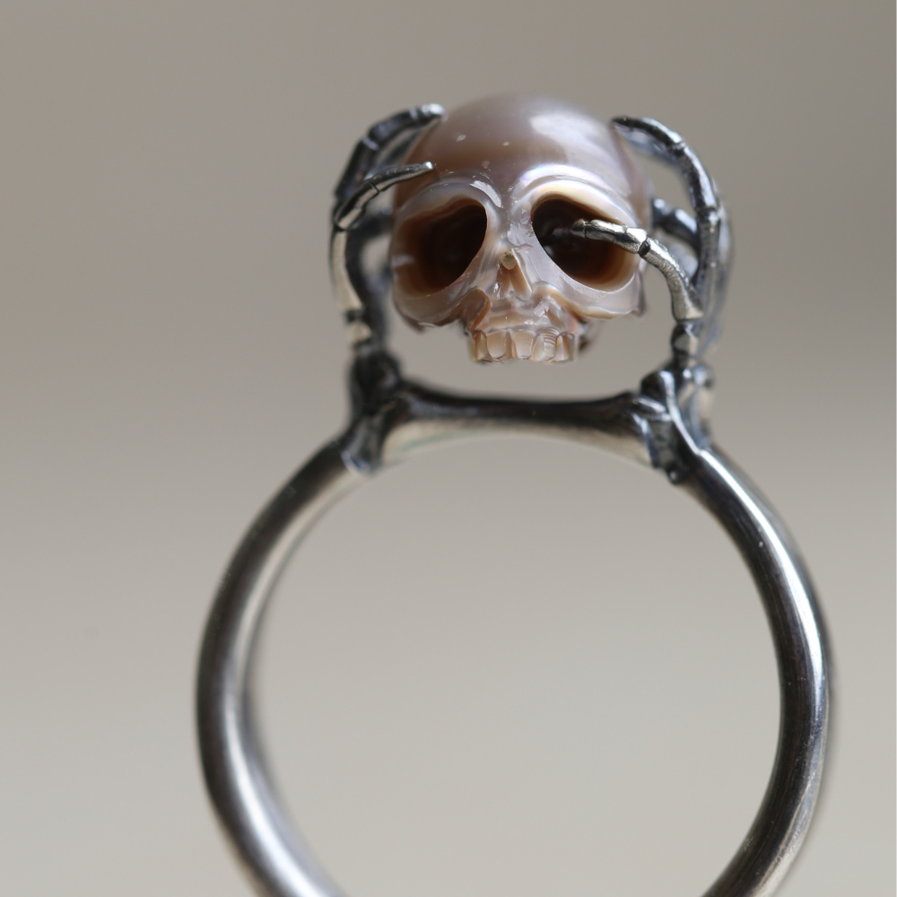 Be A Thinker Grey Pearl Cranium Ring