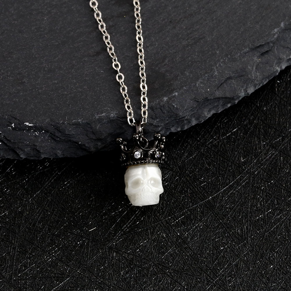 Black Crown CZ Pearl Skull Pendant Necklace