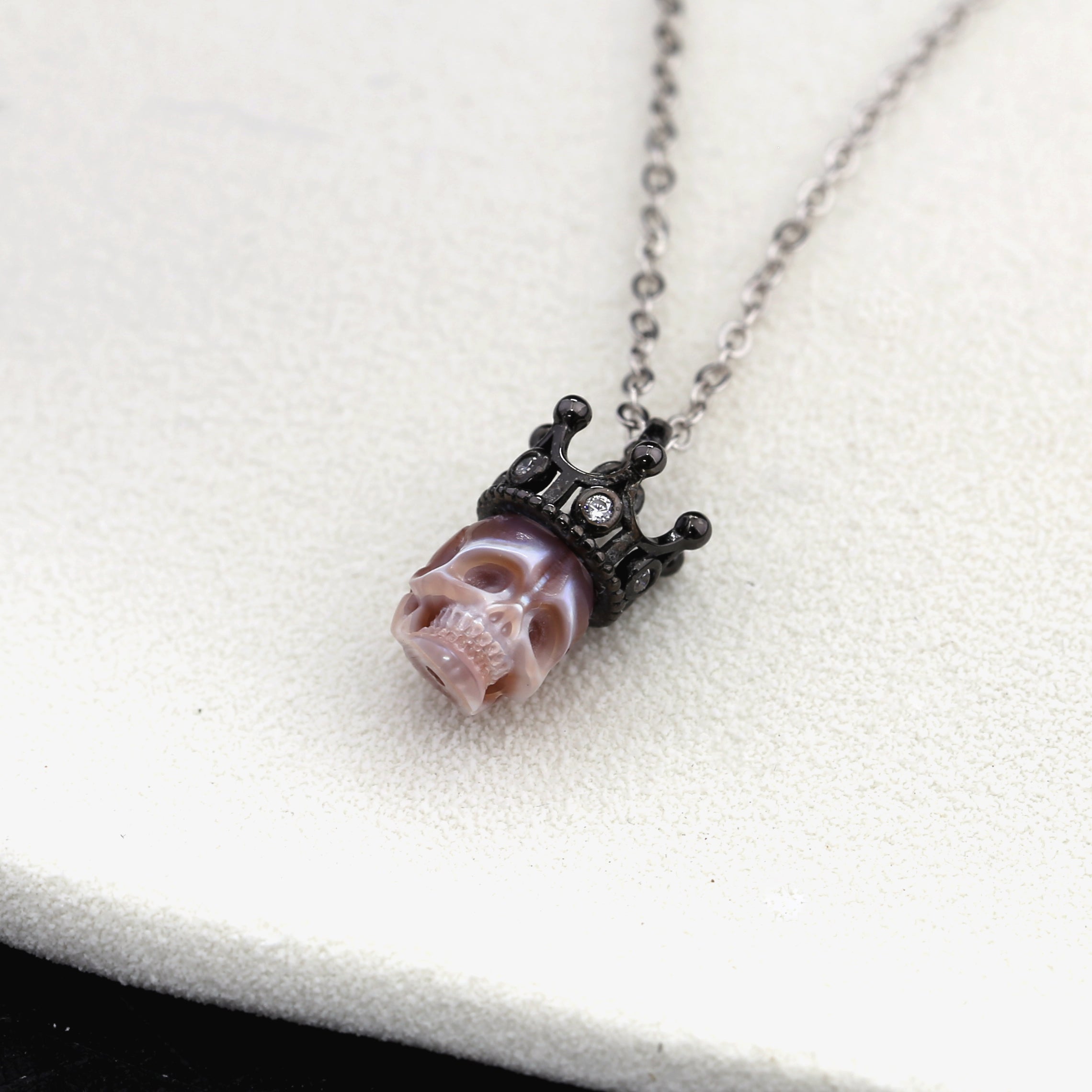 Black Crown CZ Pearl Skull Pendant Necklace