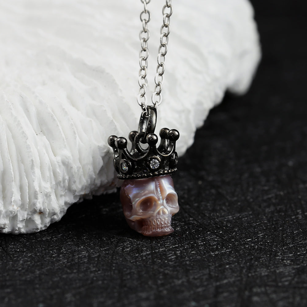 Black Crown CZ Pearl Skull Pendant Necklace