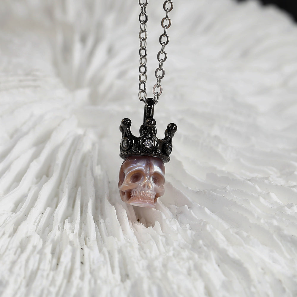 Black Crown CZ Pearl Skull Pendant Necklace