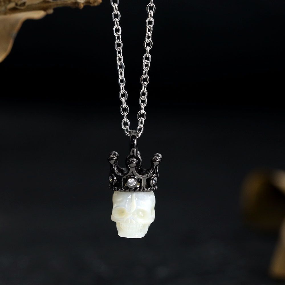 Black Crown CZ Pearl Skull Pendant Necklace