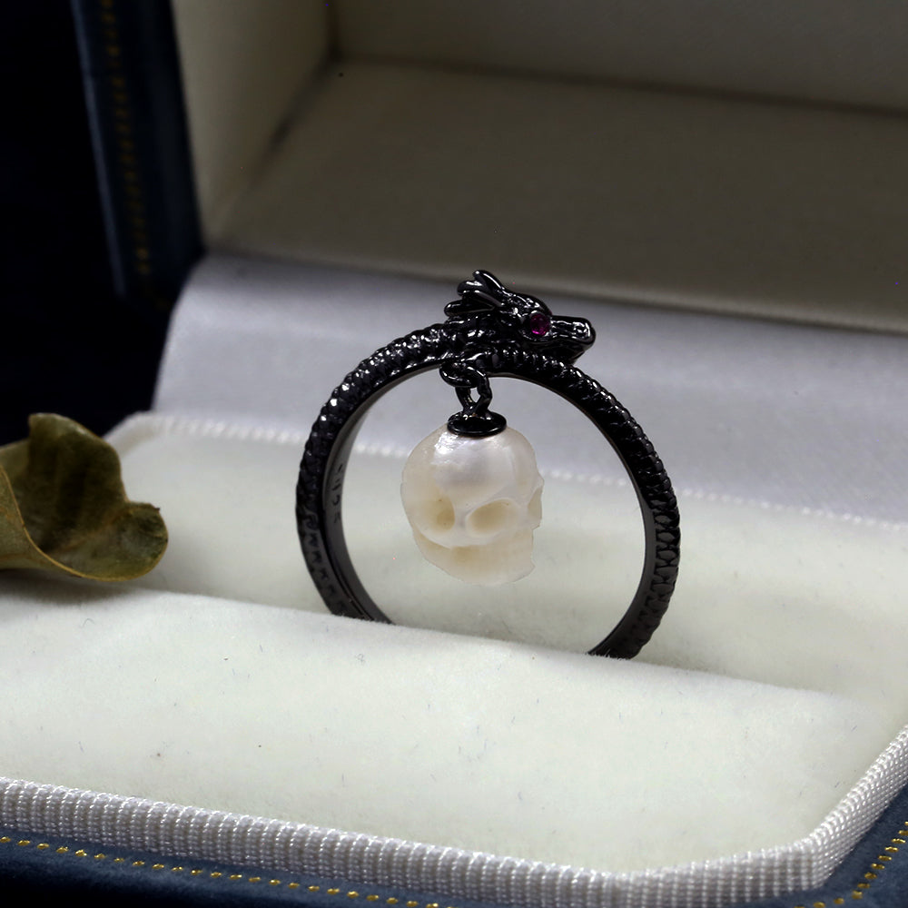 Black Dragon Pearl Skull Open Ring