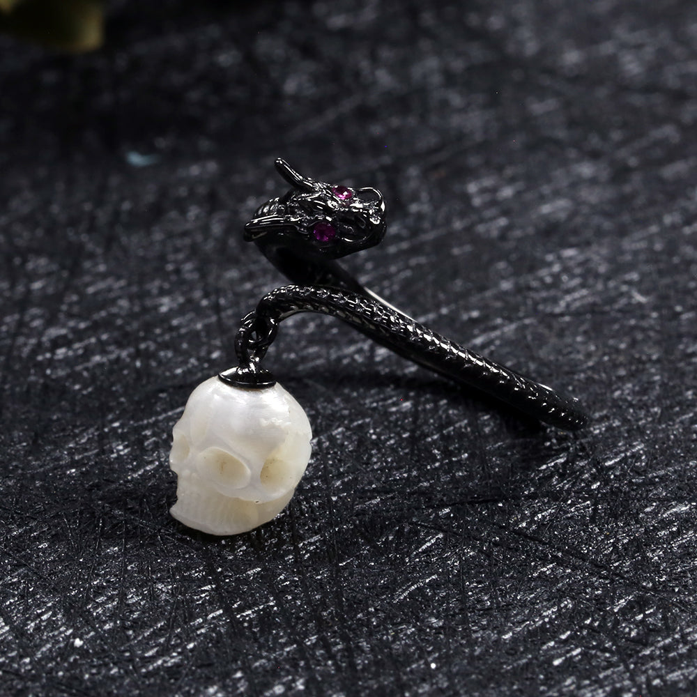 Black Dragon Pearl Skull Open Ring