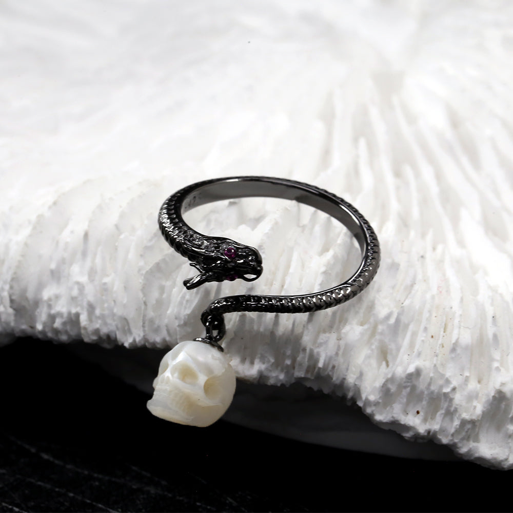 Black Dragon Pearl Skull Open Ring