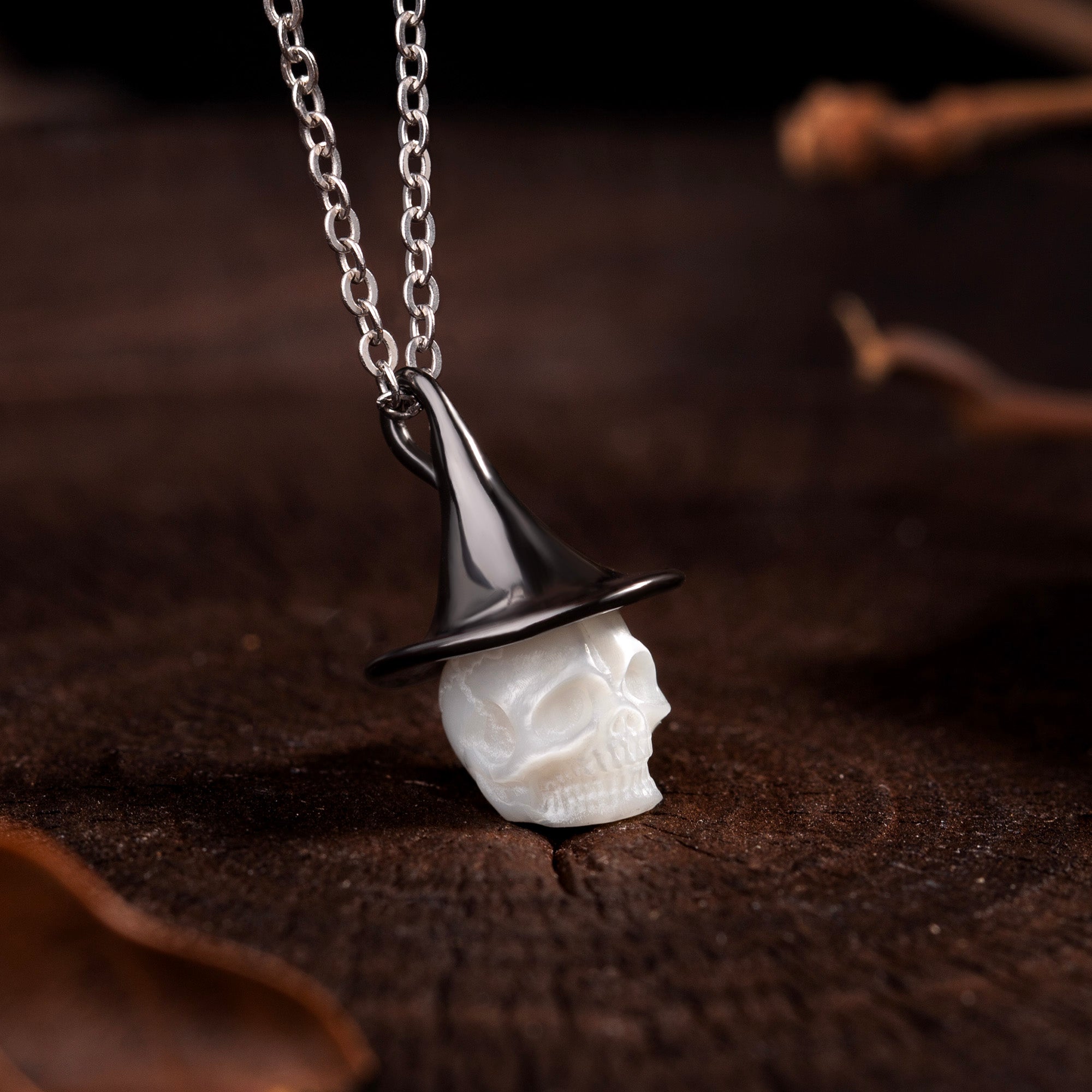 Black Witch Hat Carved Pearl Skull Necklace