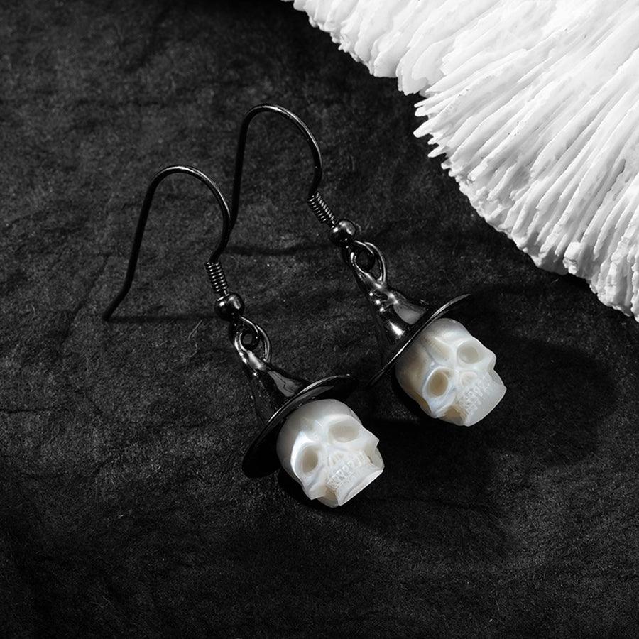 Belle Juri Black Witch Hat Pearl Carved Skull Earrings