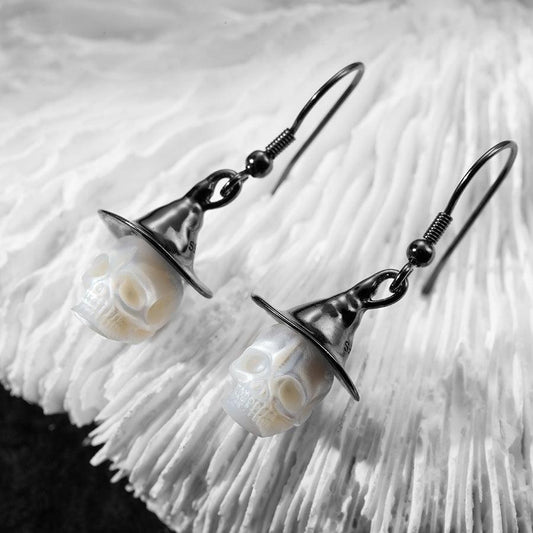 Belle Juri Black Witch Hat Pearl Carved Skull Earrings