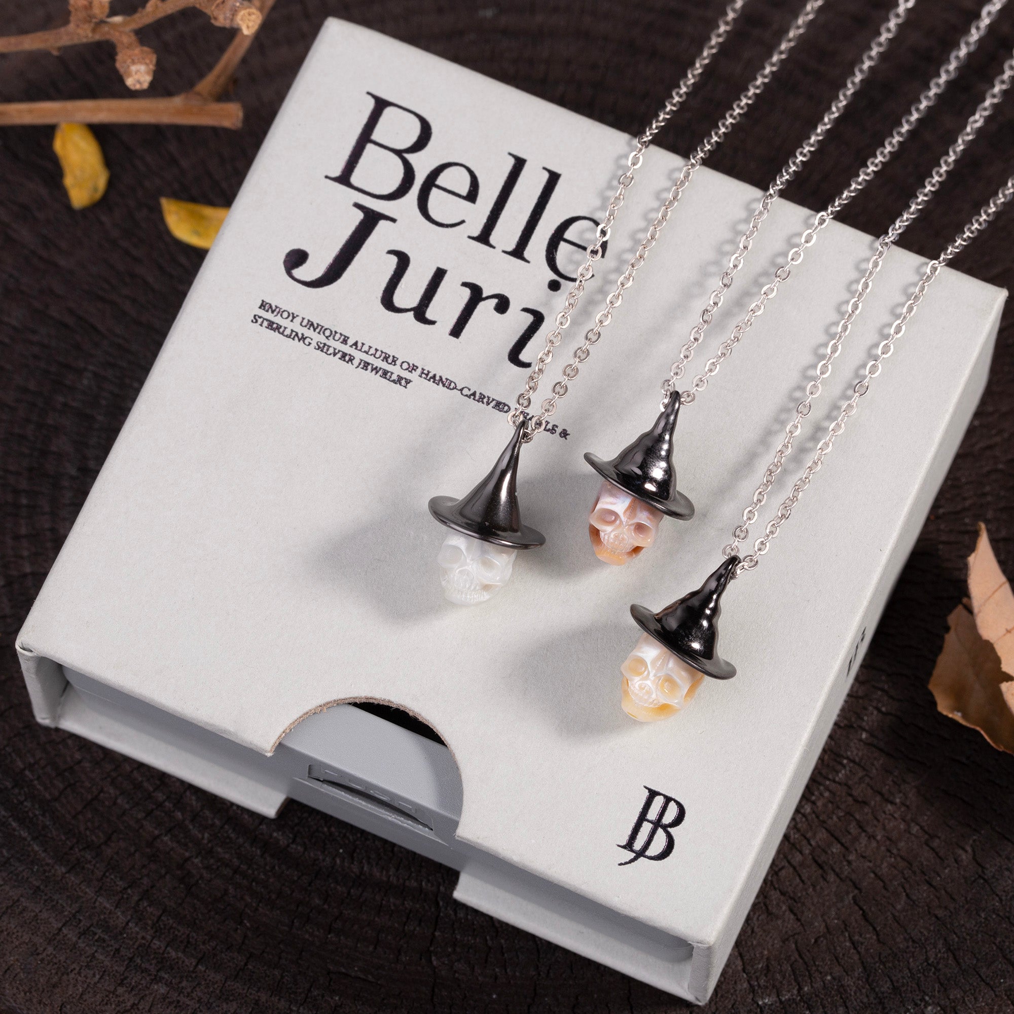 Black Witch Hat Carved Pearl Skull Necklace