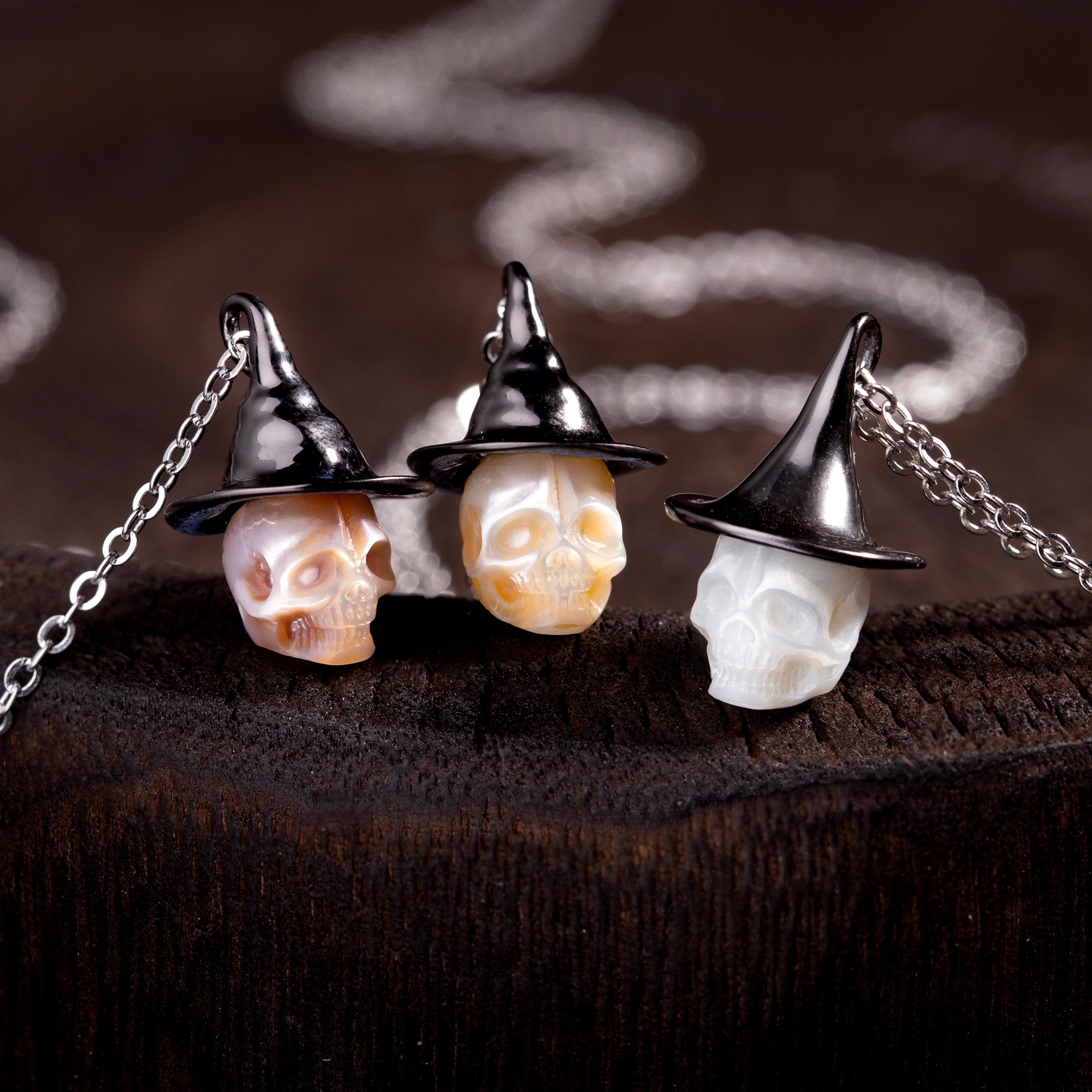 Black Witch Hat Carved Pearl Skull Necklace