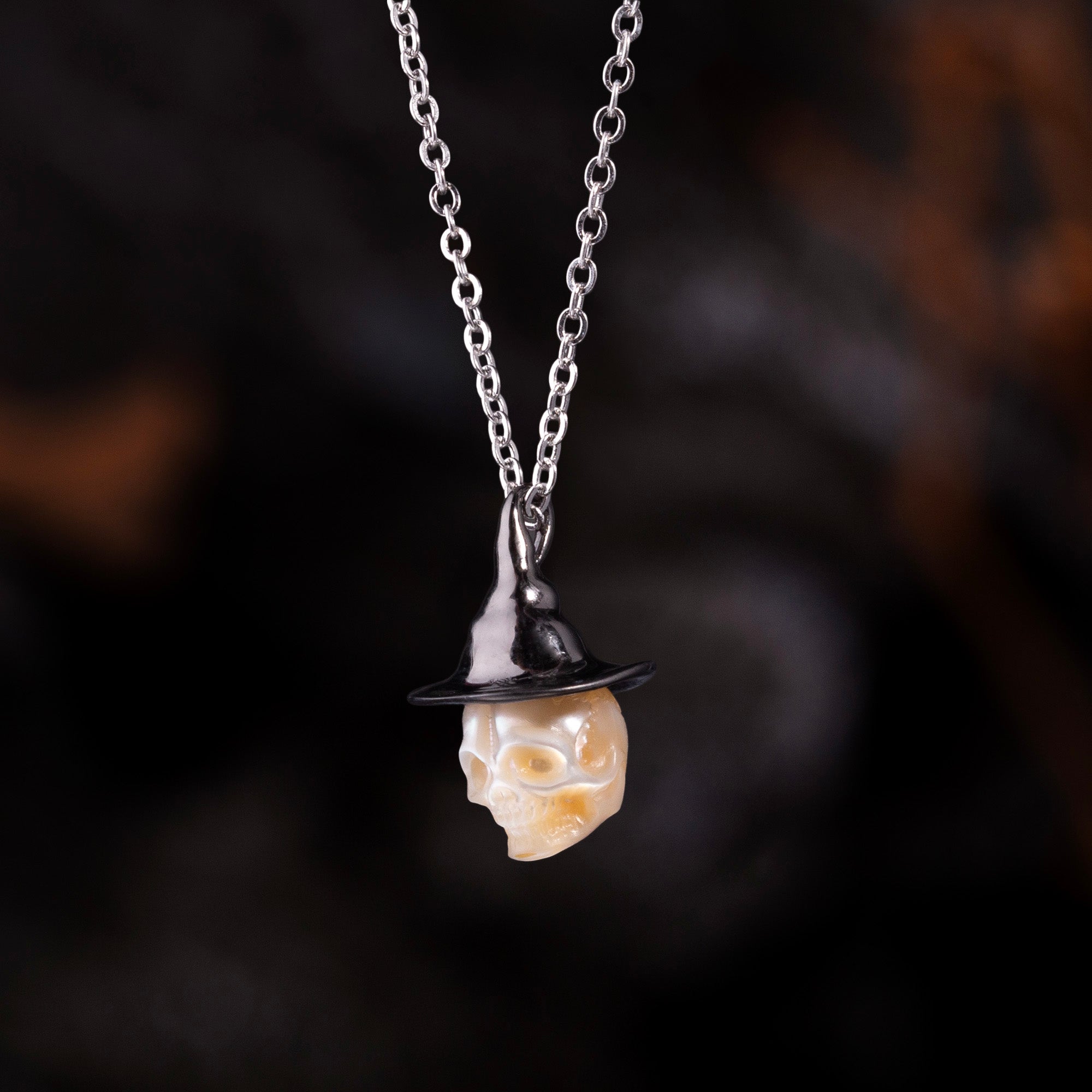 Black Witch Hat Carved Pearl Skull Necklace