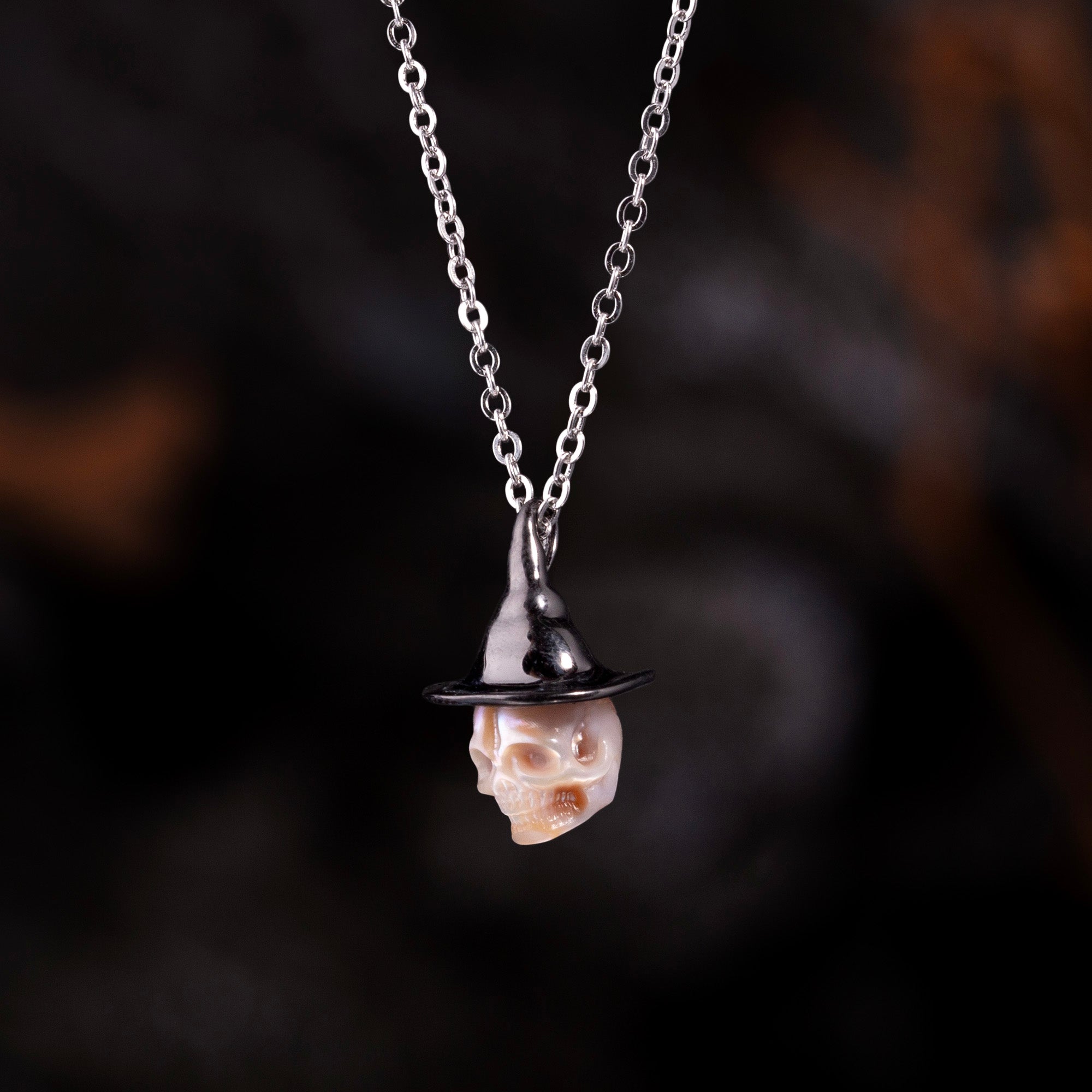 Black Witch Hat Carved Pearl Skull Necklace