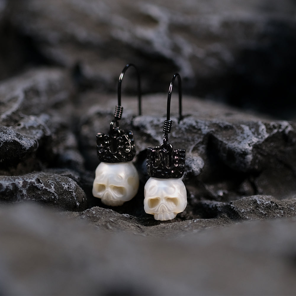 Broque Silver Black Gold Plated Crown Pearl Skull Earrings