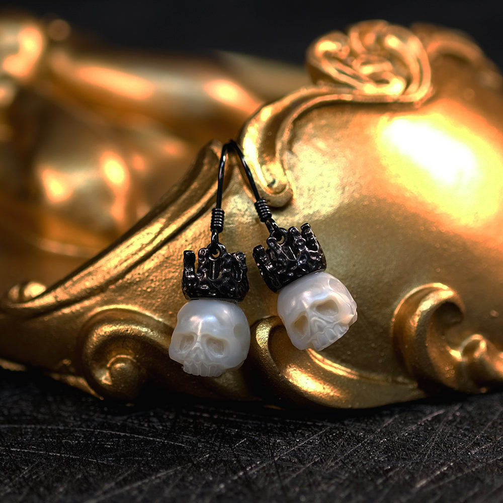 Broque Silver Black Gold Plated Crown Pearl Skull Earrings