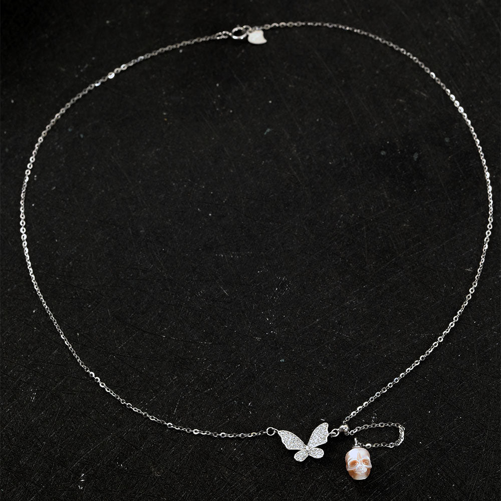 Butterfly Pearl Skull Y-Chain Necklace