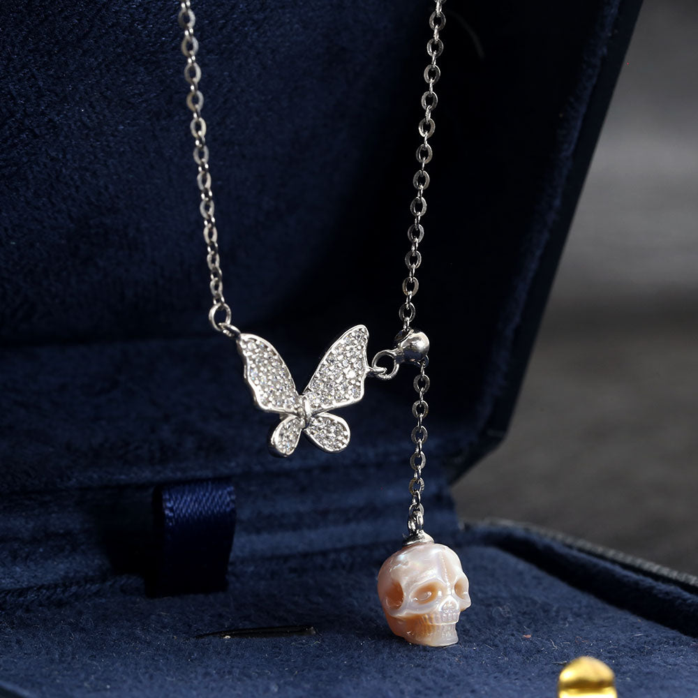 Butterfly Pearl Skull Y-Chain Necklace