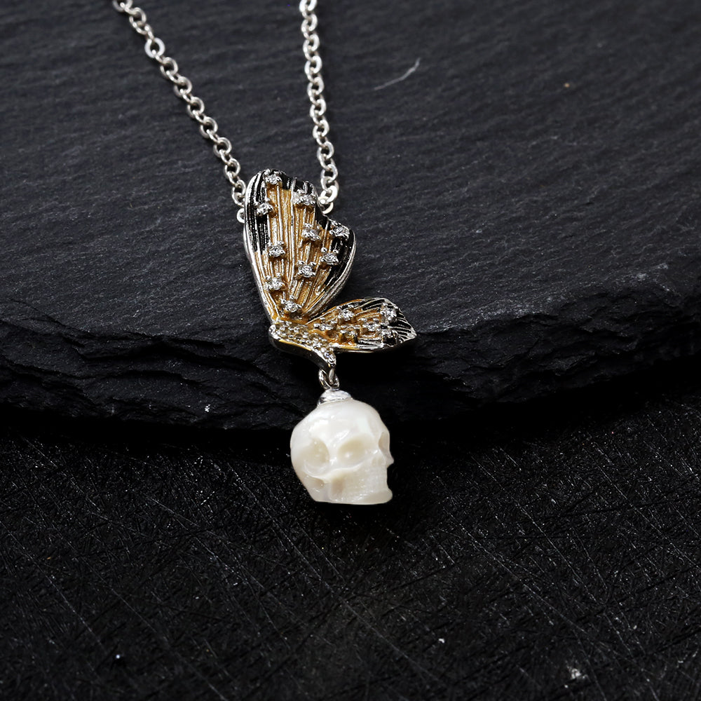 Butterfly Wing Pearl Skull Necklace