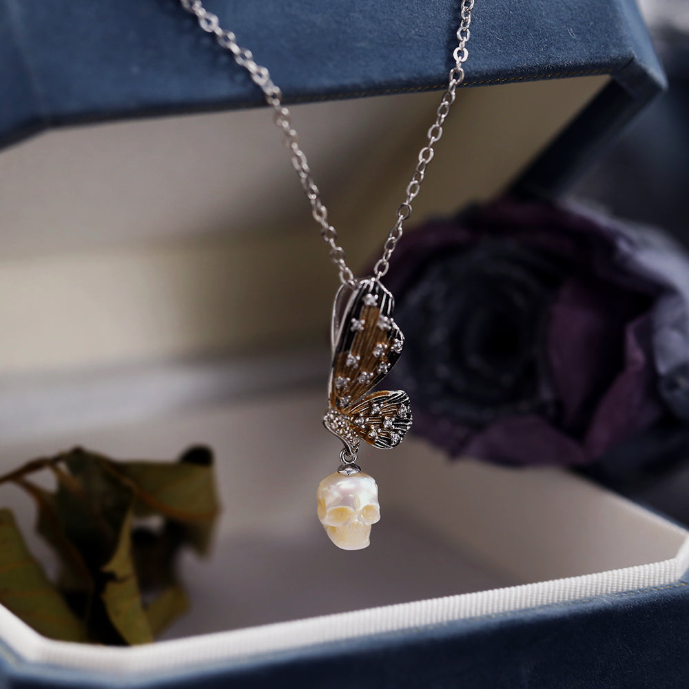 Butterfly Wing Pearl Skull Necklace