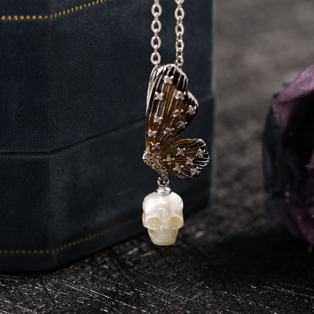 Butterfly Wing Pearl Skull Necklace