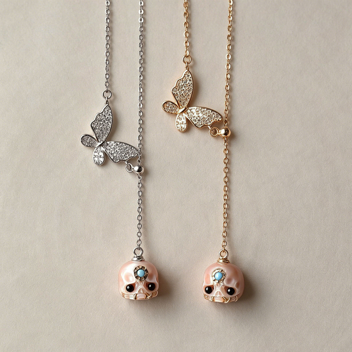 Butterfly Carved Pearl Skull Śmaśana Y-Chain Necklace