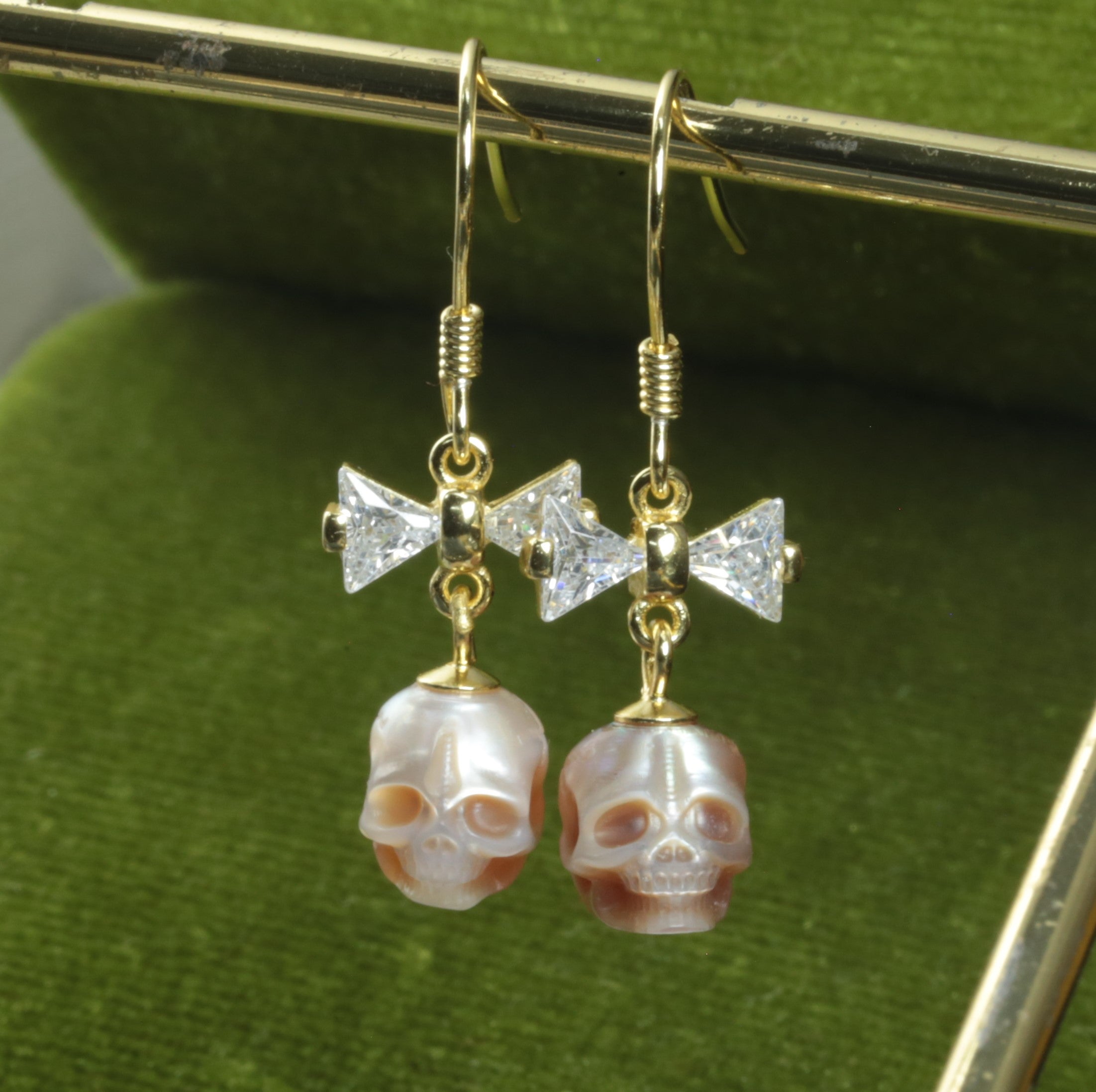 CZ Bow Pearl Skull Hook Earrings