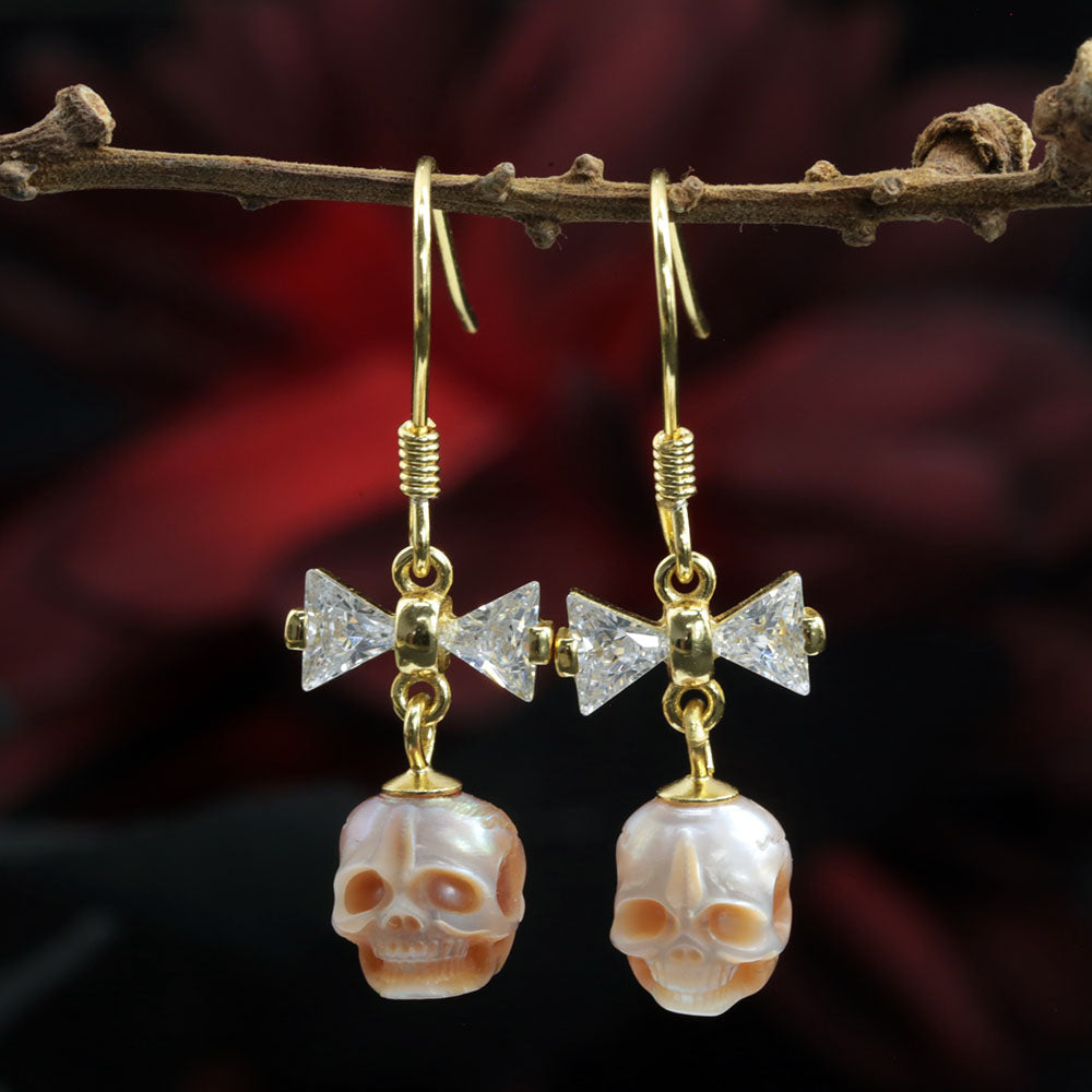 CZ Bow Pearl Skull Hook Earrings