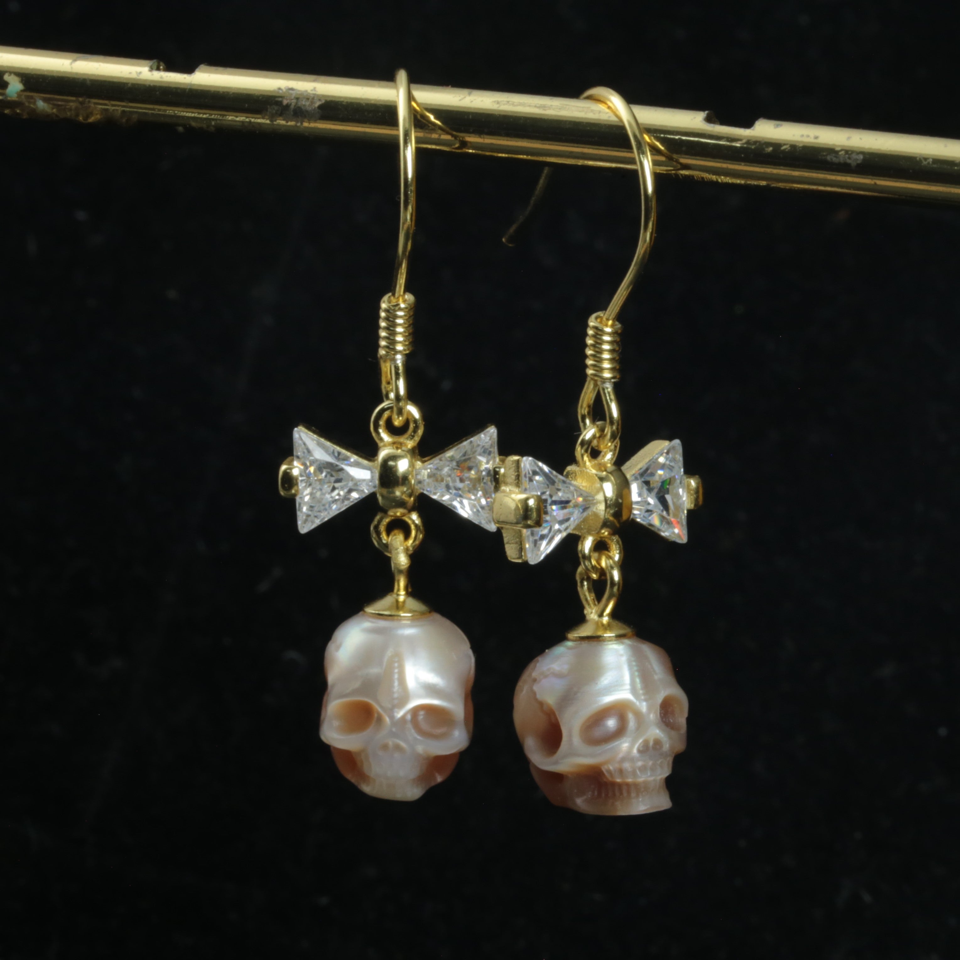 CZ Bow Pearl Skull Hook Earrings