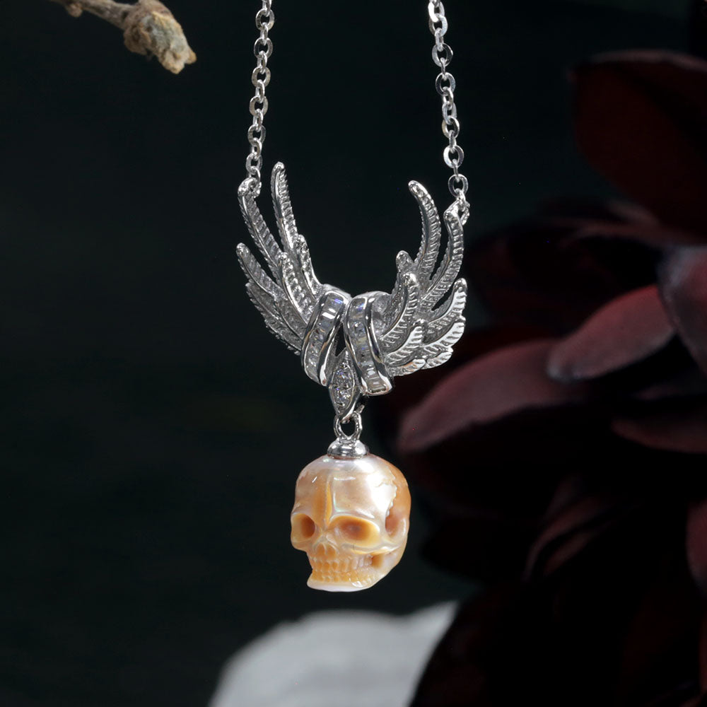 CZ Cluster Feather Wings Pearl Skull Necklace