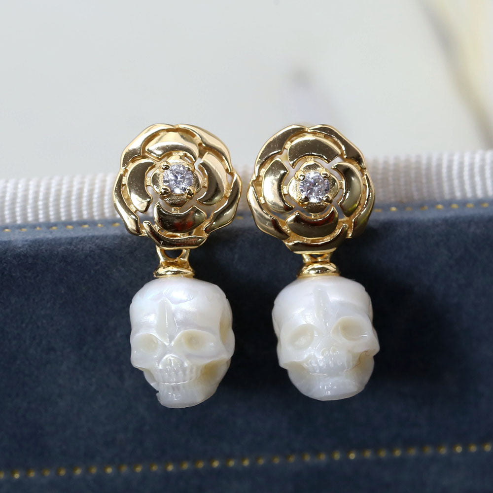 Camellia Pearl Skull Earrings