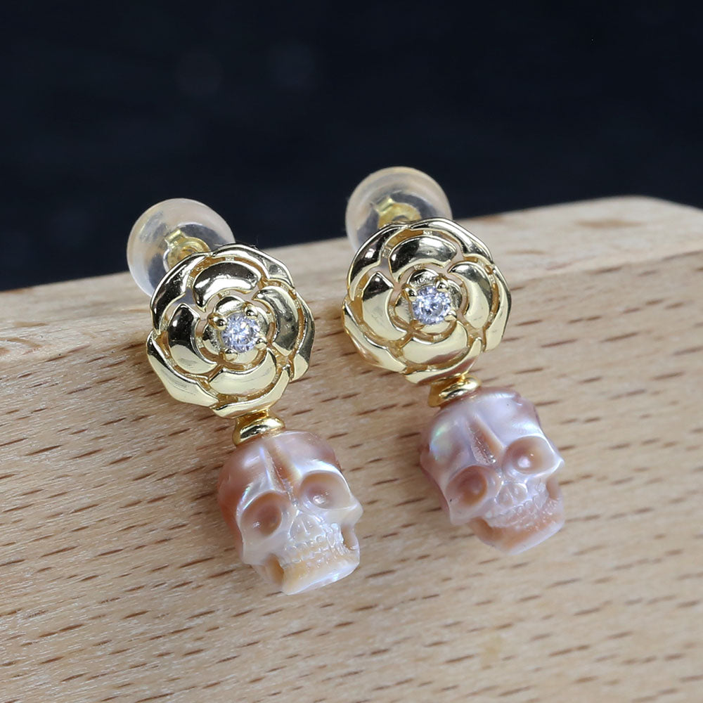 Camellia Pearl Skull Earrings