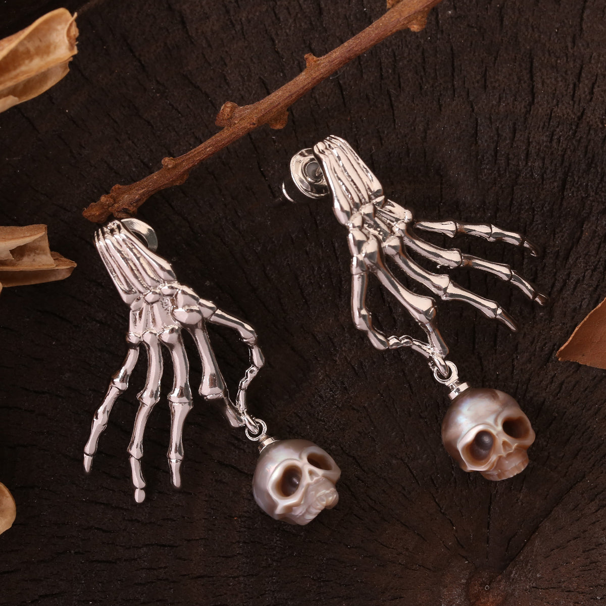 Carved Cranium Pearl With Dark-style Skeletal Hand Earrings-Gray