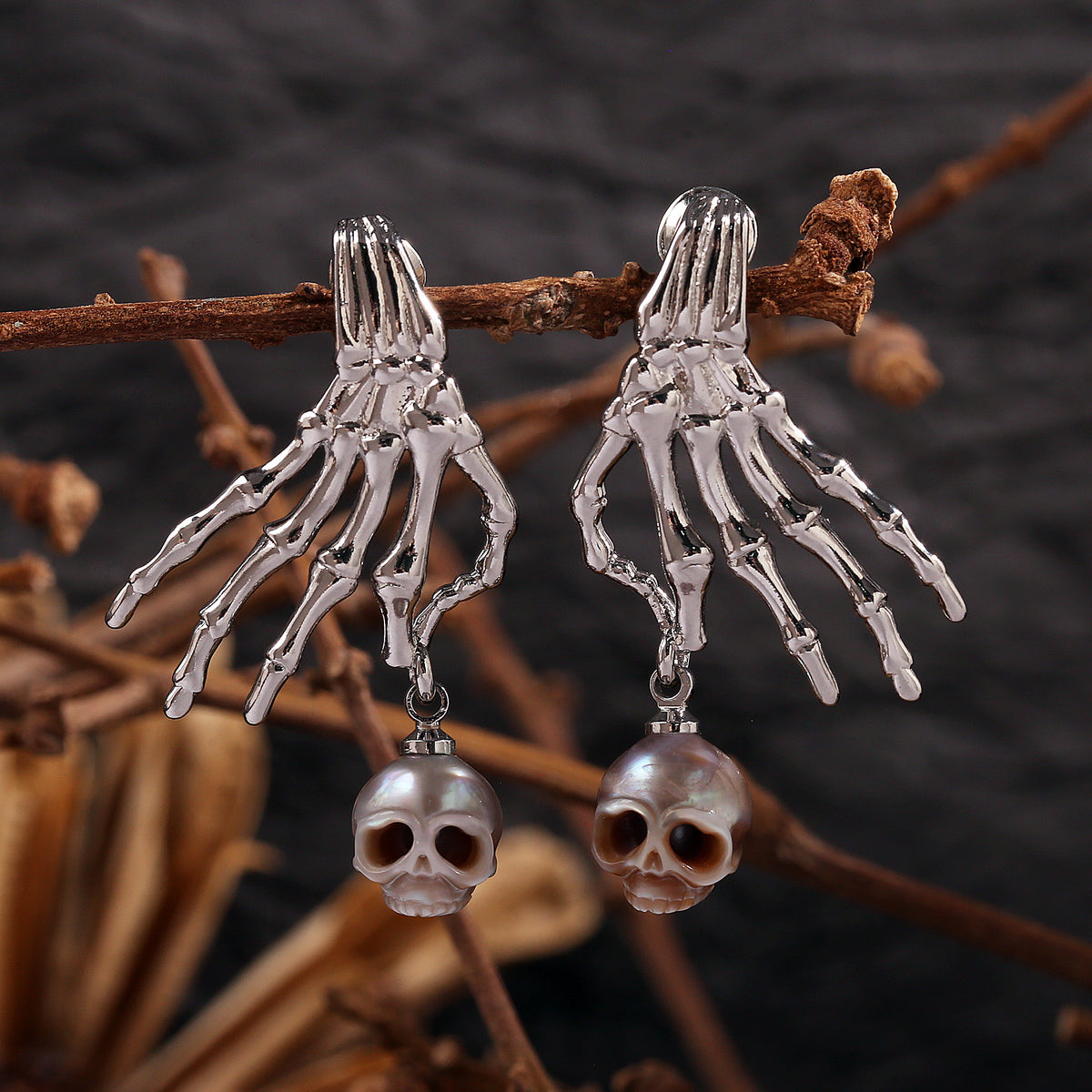 Carved Cranium Pearl With Dark-style Skeletal Hand Earrings-Gray