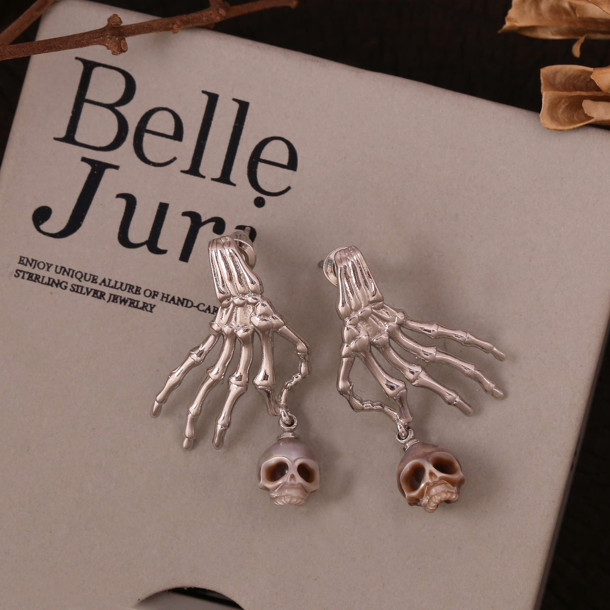 Carved Cranium Pearl With Dark-style Skeletal Hand Earrings-Gray