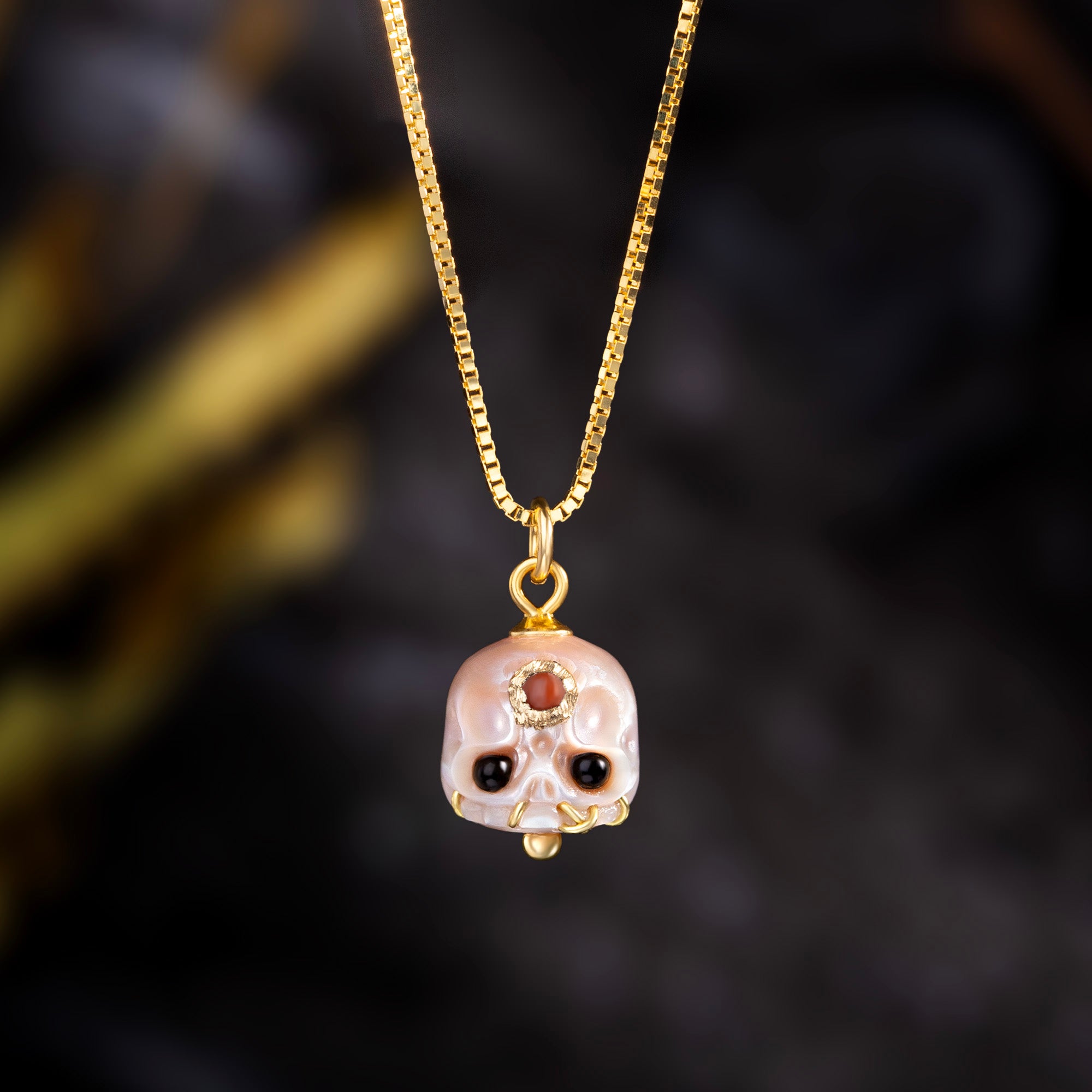 Carved Pearl Skull Śmaśana Bead Necklace With Black Eyes-Belle Juri