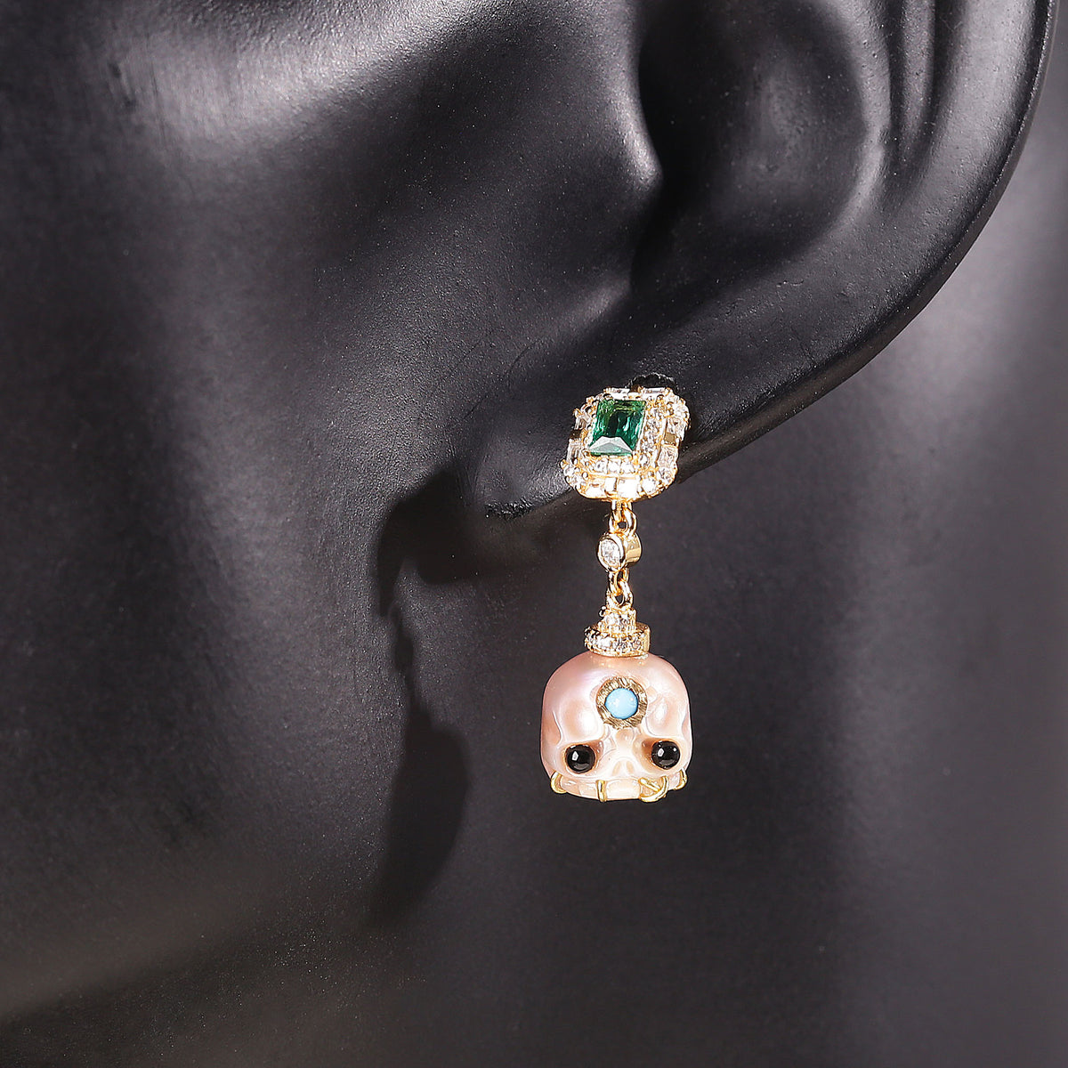 Carved Pearl Skull Śmaśana Emerald CZ Halo Dangle Earrings