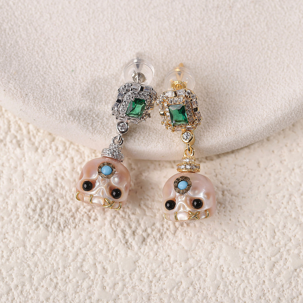 Carved Pearl Skull Śmaśana Emerald CZ Halo Dangle Earrings