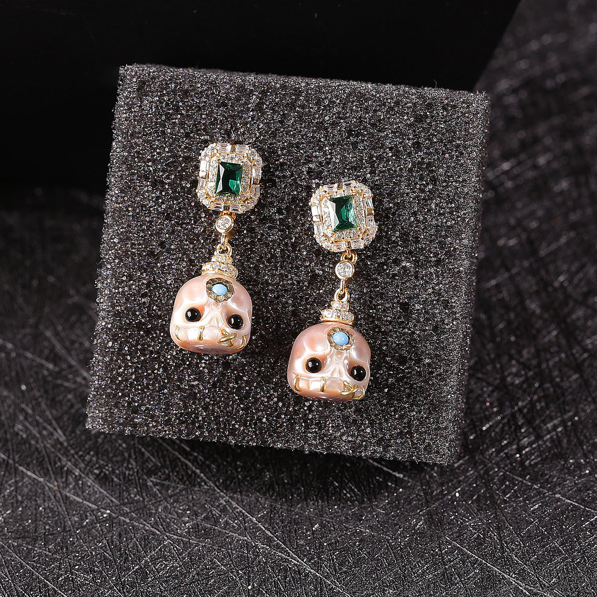 Carved Pearl Skull Śmaśana Emerald CZ Halo Dangle Earrings