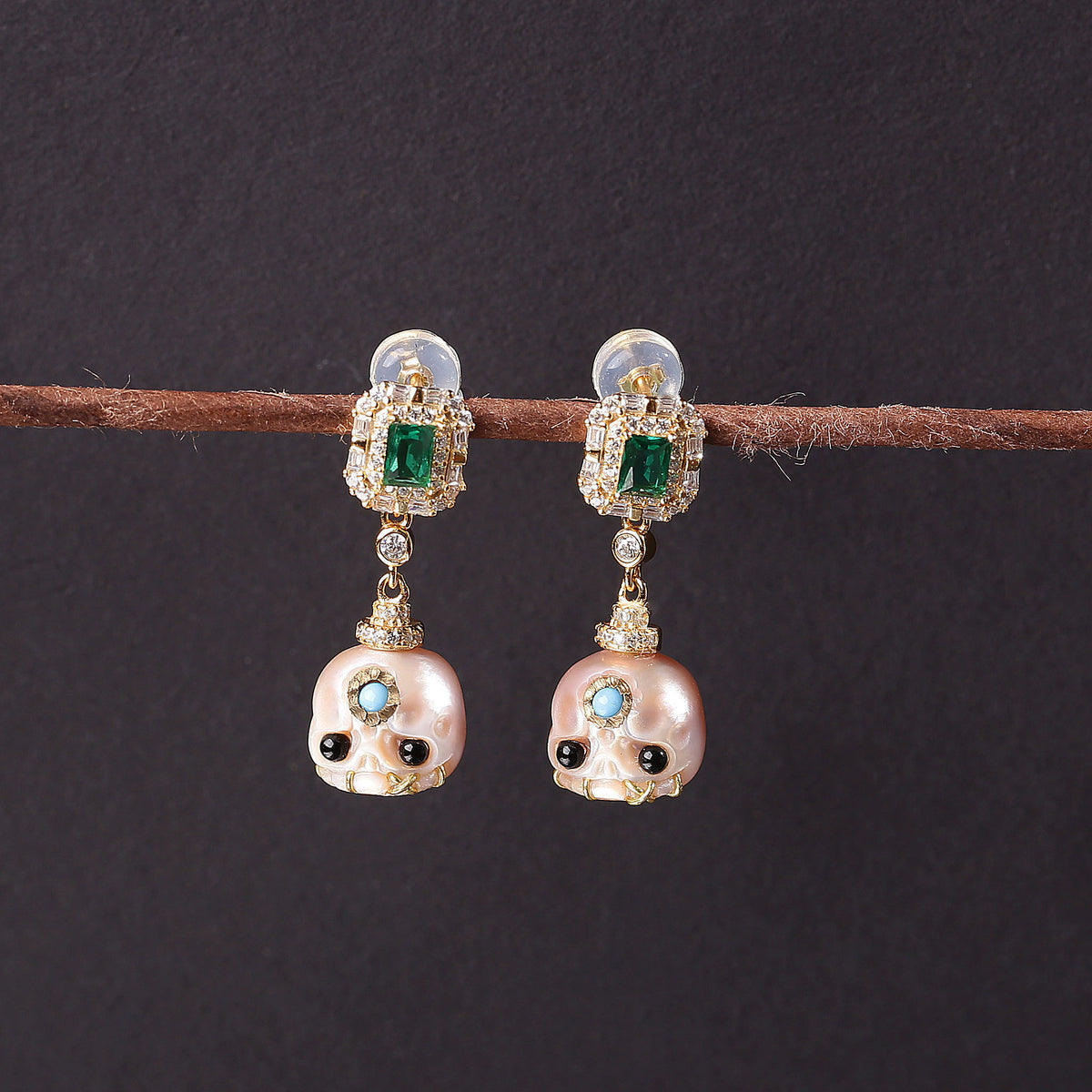 Carved Pearl Skull Śmaśana Emerald CZ Halo Dangle Earrings