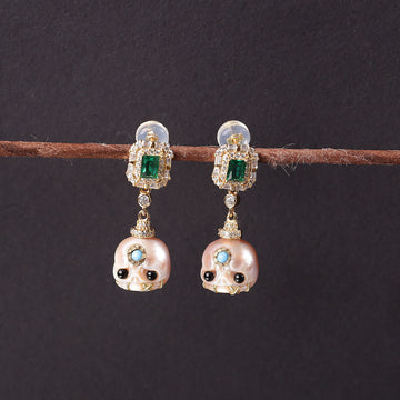 Carved Pearl Skull Śmaśana Emerald CZ Halo Dangle Earrings