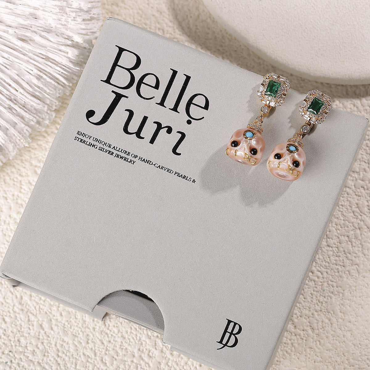 Carved Pearl Skull Śmaśana Emerald CZ Halo Dangle Earrings