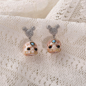Mickey Ears Carved Pearl Skull Śmaśana CZ Sparkle Stud Earrings