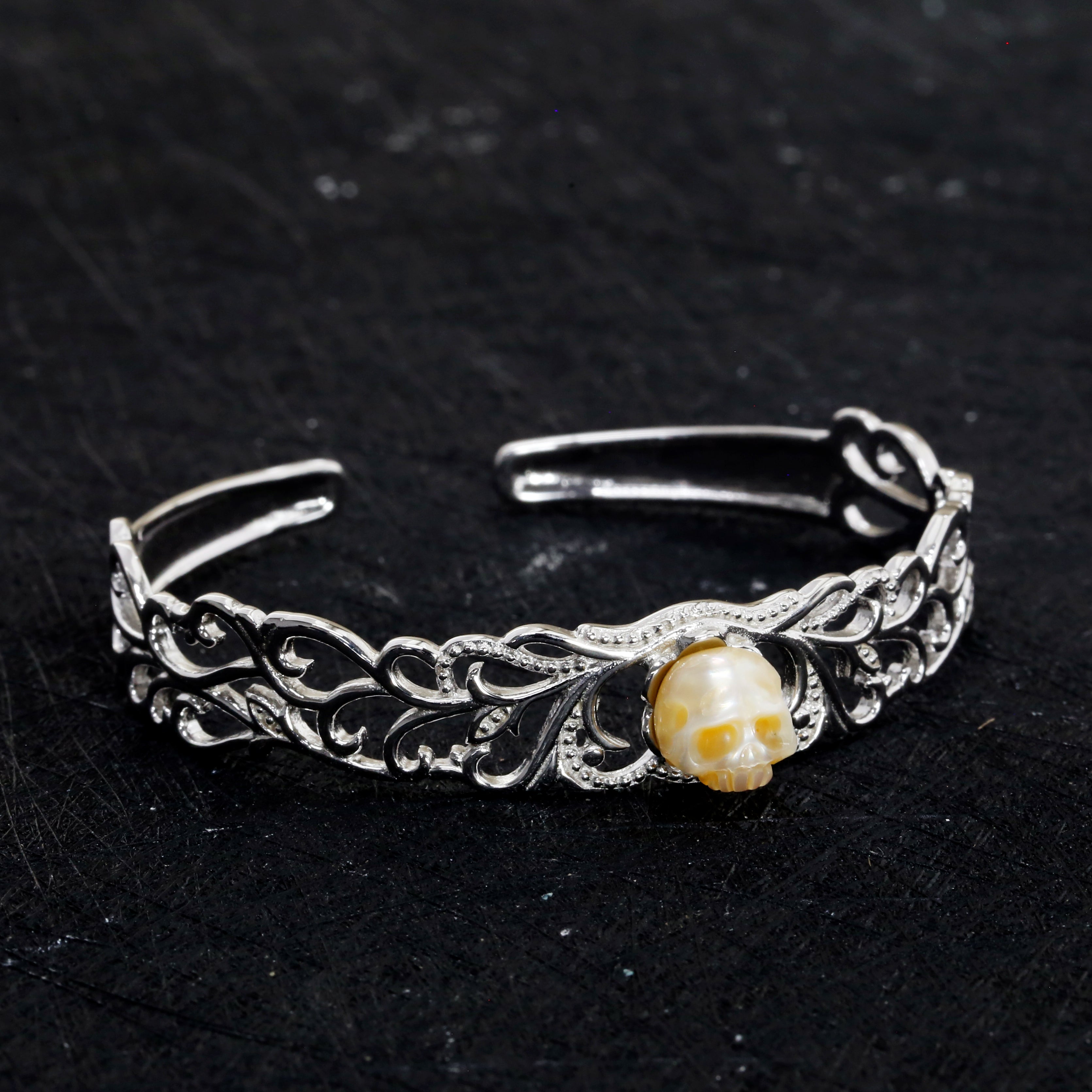 Carved Pearl Skull Sterling Silver Bangle Bracelet