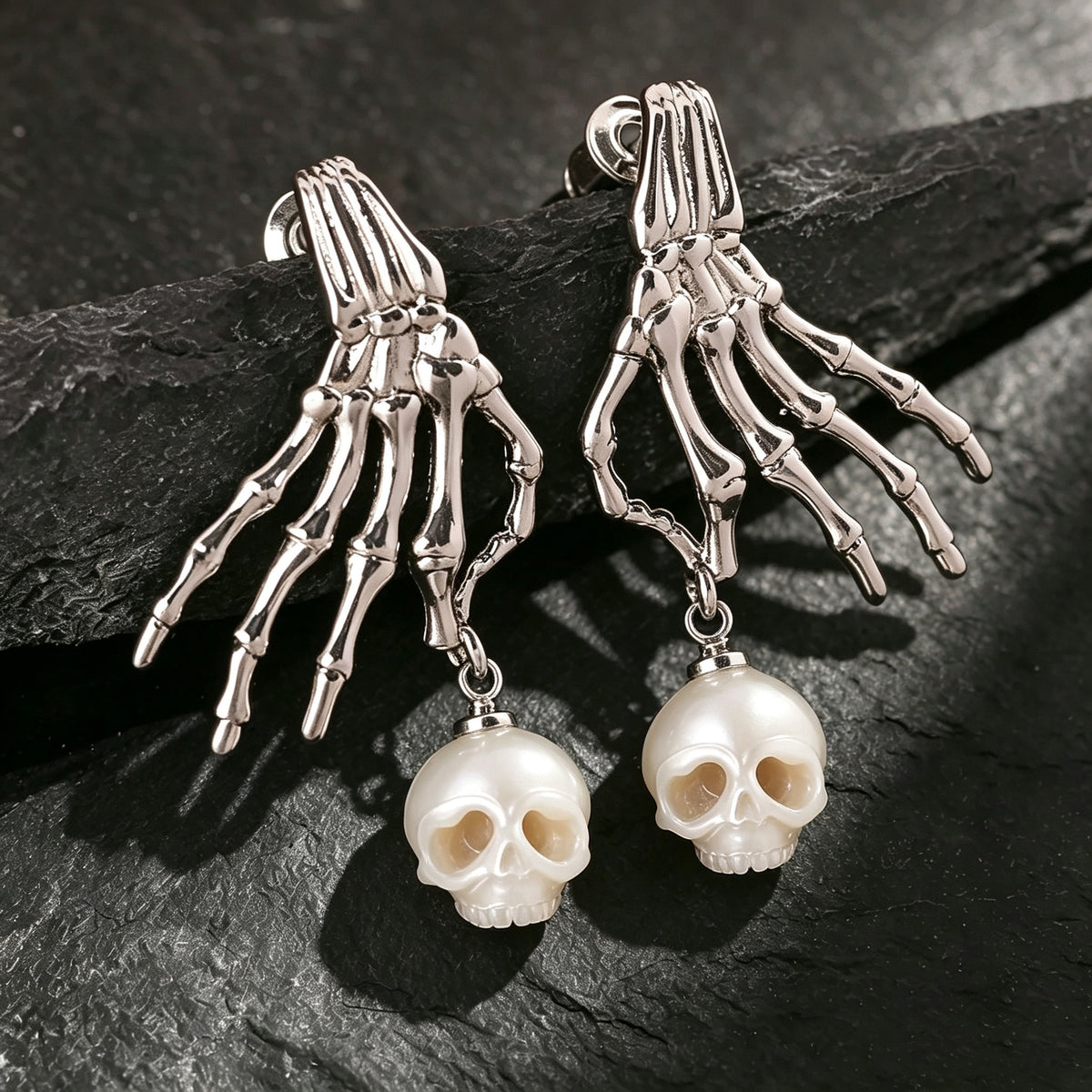 Carved Cranium Pearl With Dark-style Skeletal Hand Earrings-White
